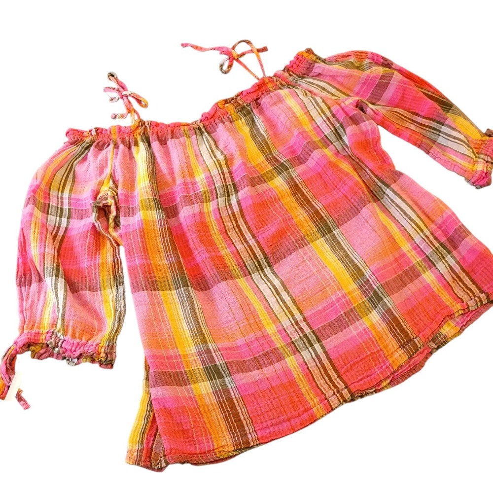 A.N.A. Women's Pink Plaid Blouse Off Shoulder Top 3/4 Sleeve Shirt Size M Cotton